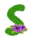3D Ã¢â¬ÅGreen grass leaves and purple flowersÃ¢â¬Â creative decorative natural Letter S, Character S isolated in white background.